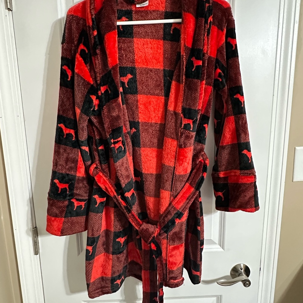 PINK Red and Black Plaid Robe with Dog Pattern